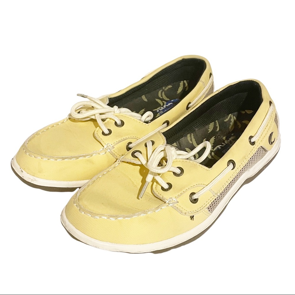 Yellow Canvas Boat Loafers with Lace Accent